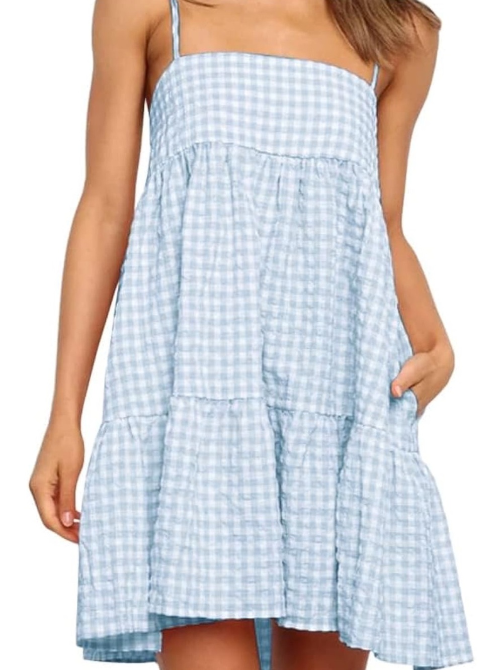 Light Blue Gingham Spaghetti-Strap Dress
